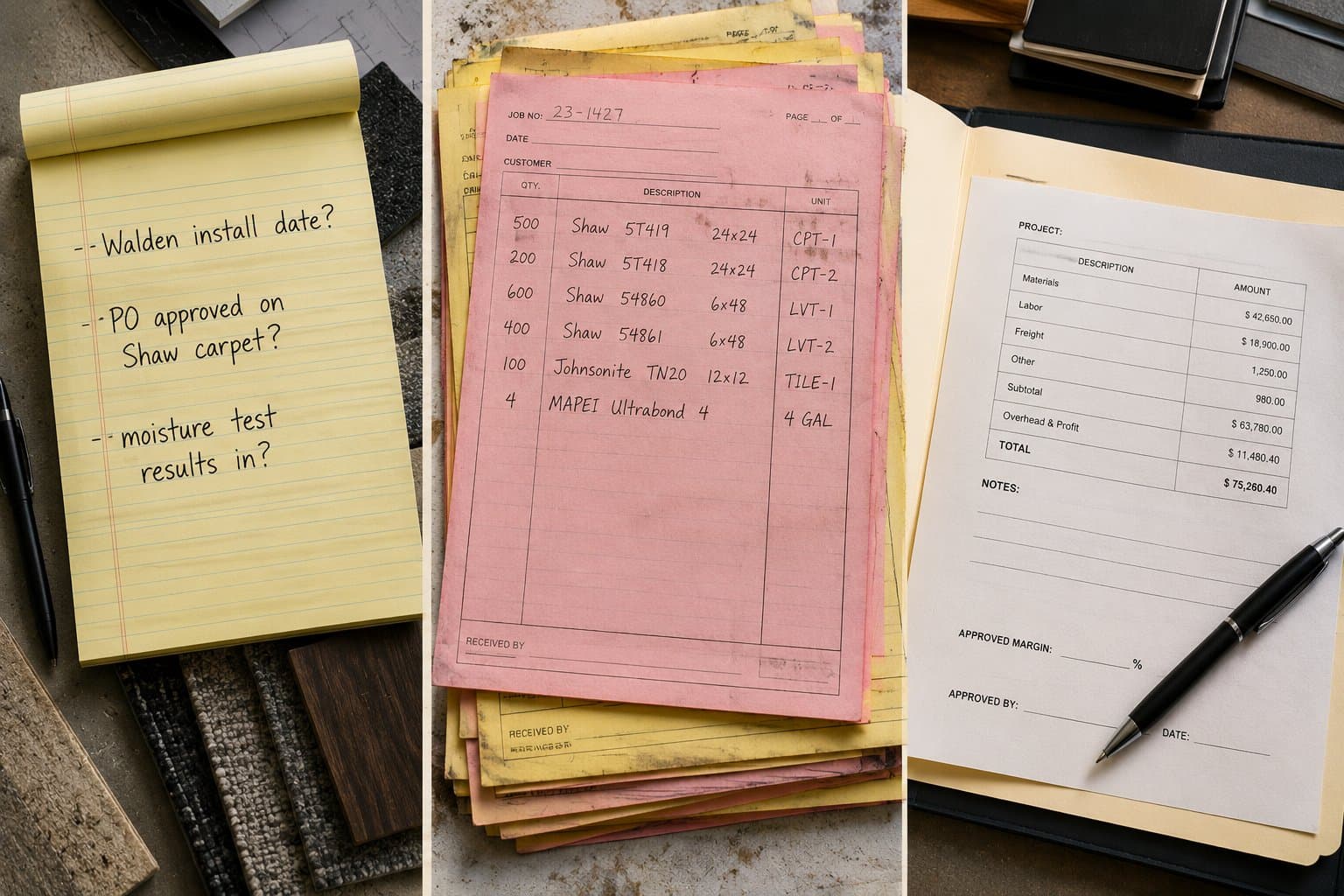 Three vertical panels of flooring-shop paper artifacts. Left: yellow legal pad with handwritten questions ("Walden install date?" "PO approved on Shaw carpet?" "moisture test results in?"). Center: stack of pink-and-yellow carbon-copy job tickets with flooring SKUs visible. Right: quote folder open to margin signature line, pen across it.
