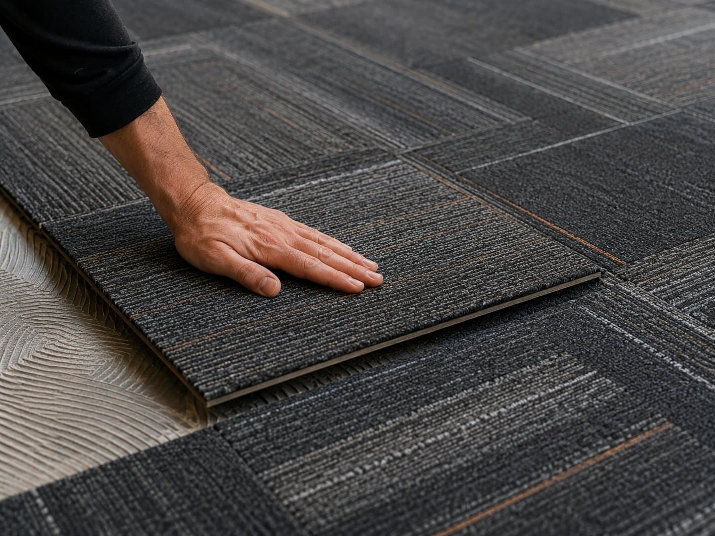 Commercial flooring install mid-process — carpet tiles laid out in pattern but not yet pressed into adhesive, seams visible. A hand reaches in to press one tile into alignment. The floor looks finished only because someone is constantly pressing pieces into place. Direct flooring metaphor for keeping it assembled.